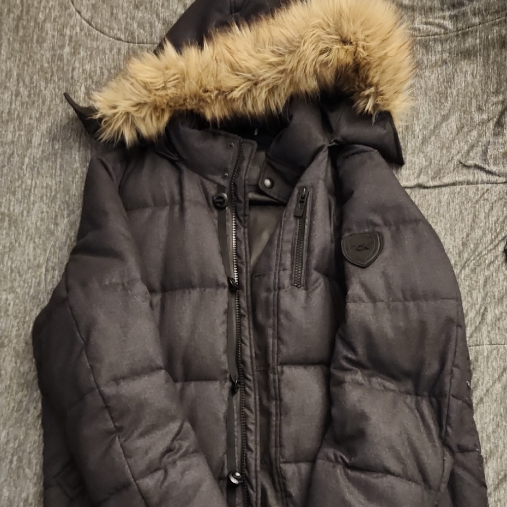 Calvin Klein Black Puffer Jacket with Fur Trim